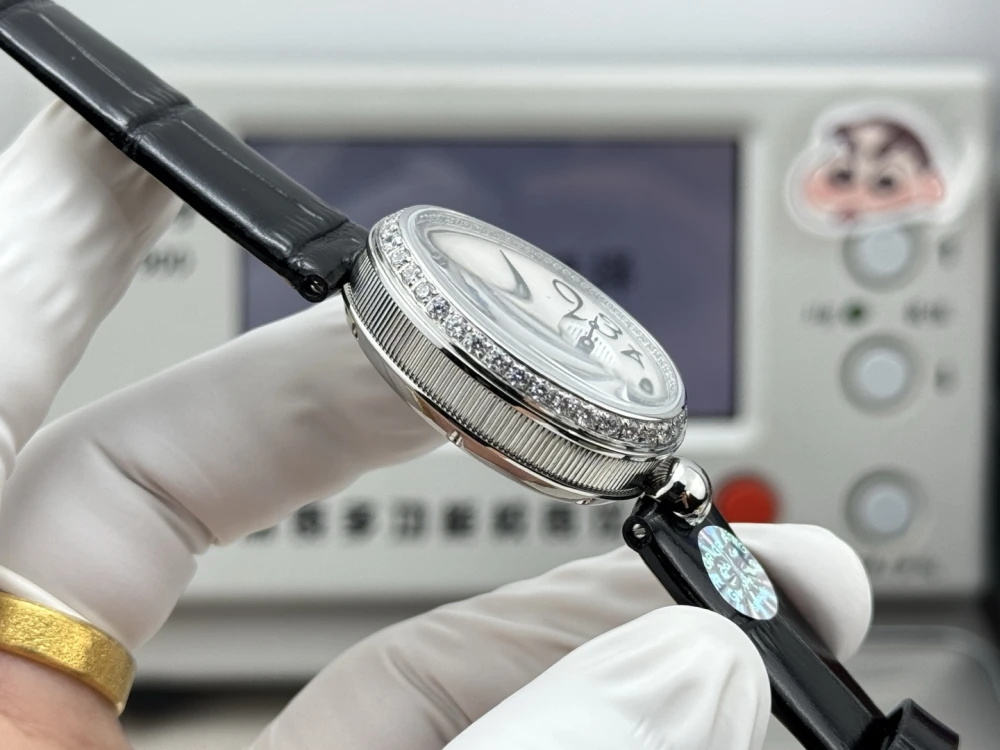 Reine de Naples 8918BB White Pearl Dial And Diamonds Bezel on Black Leather Strap GRF 1:1 Best Edition 5 Side Profile of Breguet Reine de Naples 8918BB Silver Watch with Diamond Bezel