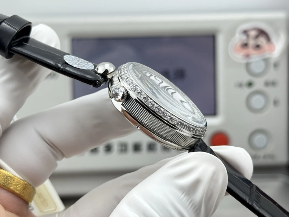 Reine de Naples 8918BB White Pearl Dial And Diamonds Bezel on Black Leather Strap GRF 1:1 Best Edition 6 Breguet 8918BB Silver Watch Case with Fluted Sides and Diamond Crown