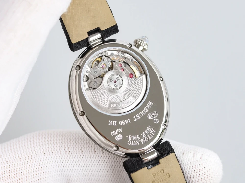 Reine de Naples 8918BB White Pearl Dial And Diamonds Bezel on Black Leather Strap GRF 1:1 Best Edition 7 Breguet 8918BB Watch Case Back with Engraved Markings and Automatic Movement