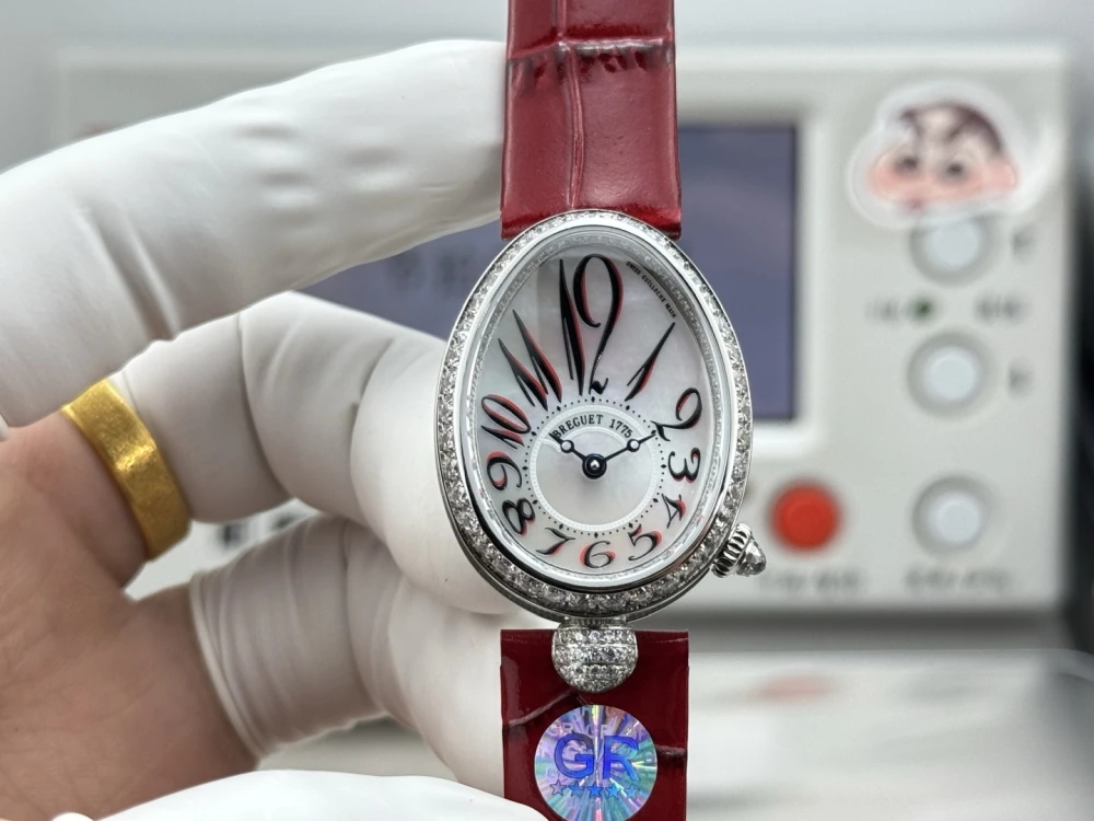 Reine de Naples 8918BB White Dial And Diamonds Bezel on Red Leather Strap GRF 1:1 Best Edition 2 Breguet Reine de Naples 8918BB Silver Watch with Diamond Bezel , White Dial Red leather strap
