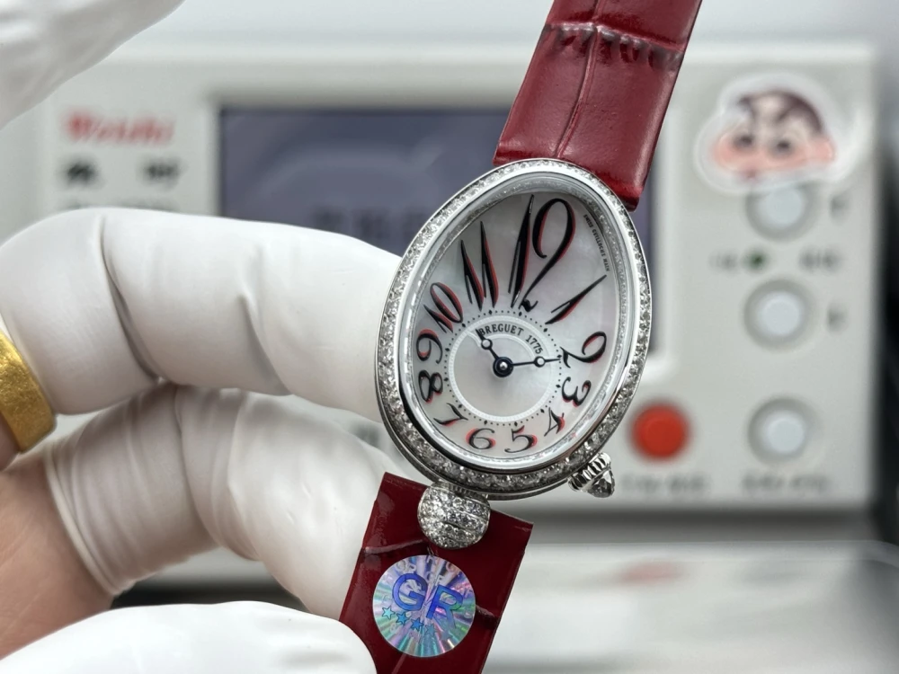 Reine de Naples 8918BB White Dial And Diamonds Bezel on Red Leather Strap GRF 1:1 Best Edition 4 Close-up of Breguet 8918BB White Dial with Diamond at 6 O'clock