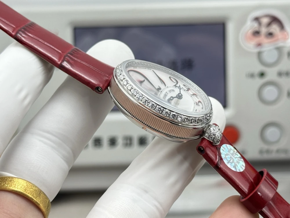 Reine de Naples 8918BB White Dial And Diamonds Bezel on Red Leather Strap GRF 1:1 Best Edition 5 Side Profile of Breguet Reine de Naples 8918BB Silver Watch with Diamond Bezel