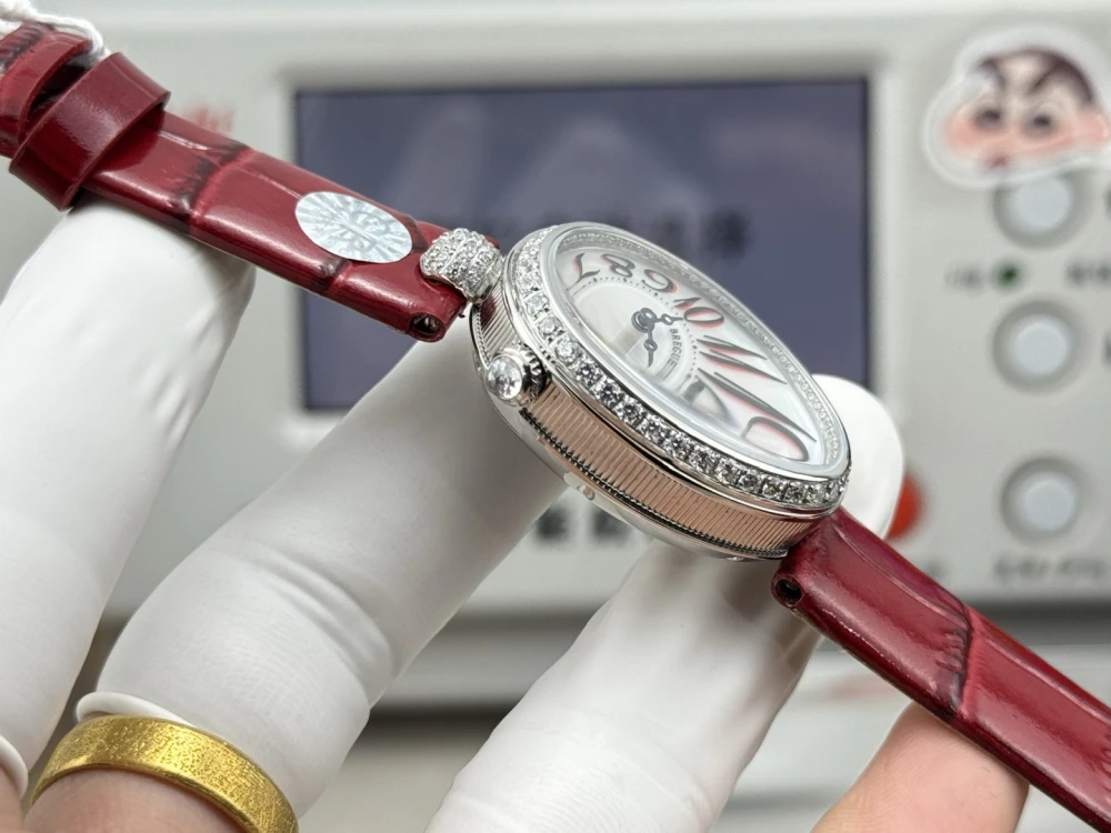 Reine de Naples 8918BB White Dial And Diamonds Bezel on Red Leather Strap GRF 1:1 Best Edition 6 Breguet 8918BB Silver Watch Case with Fluted Sides and Diamond Crown