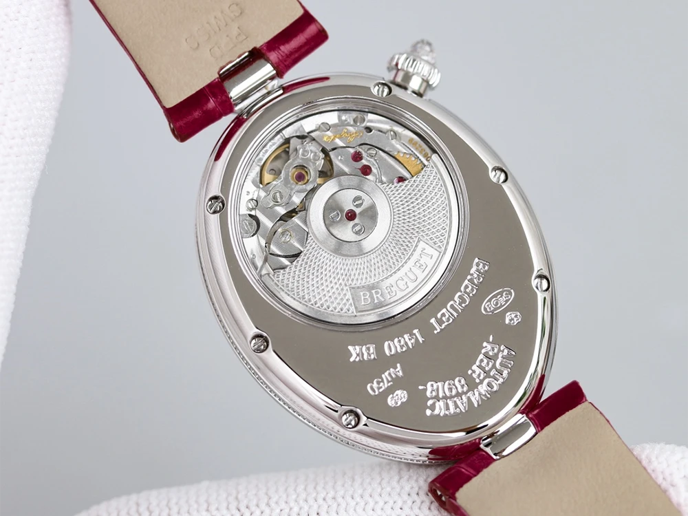 Reine de Naples 8918BB White Dial And Diamonds Bezel on Red Leather Strap GRF 1:1 Best Edition 7 Breguet 8918BB Watch Case Back with Engraved Markings and Automatic Movement