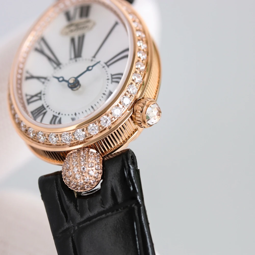 Reine de Naples 8928BR White Dial And Diamonds Bezel on Black Leather Strap GRF 1:1 Best Edition 6 Breguet 8928BR Rose Gold Watch Case with Fluted Sides and Diamond Crown