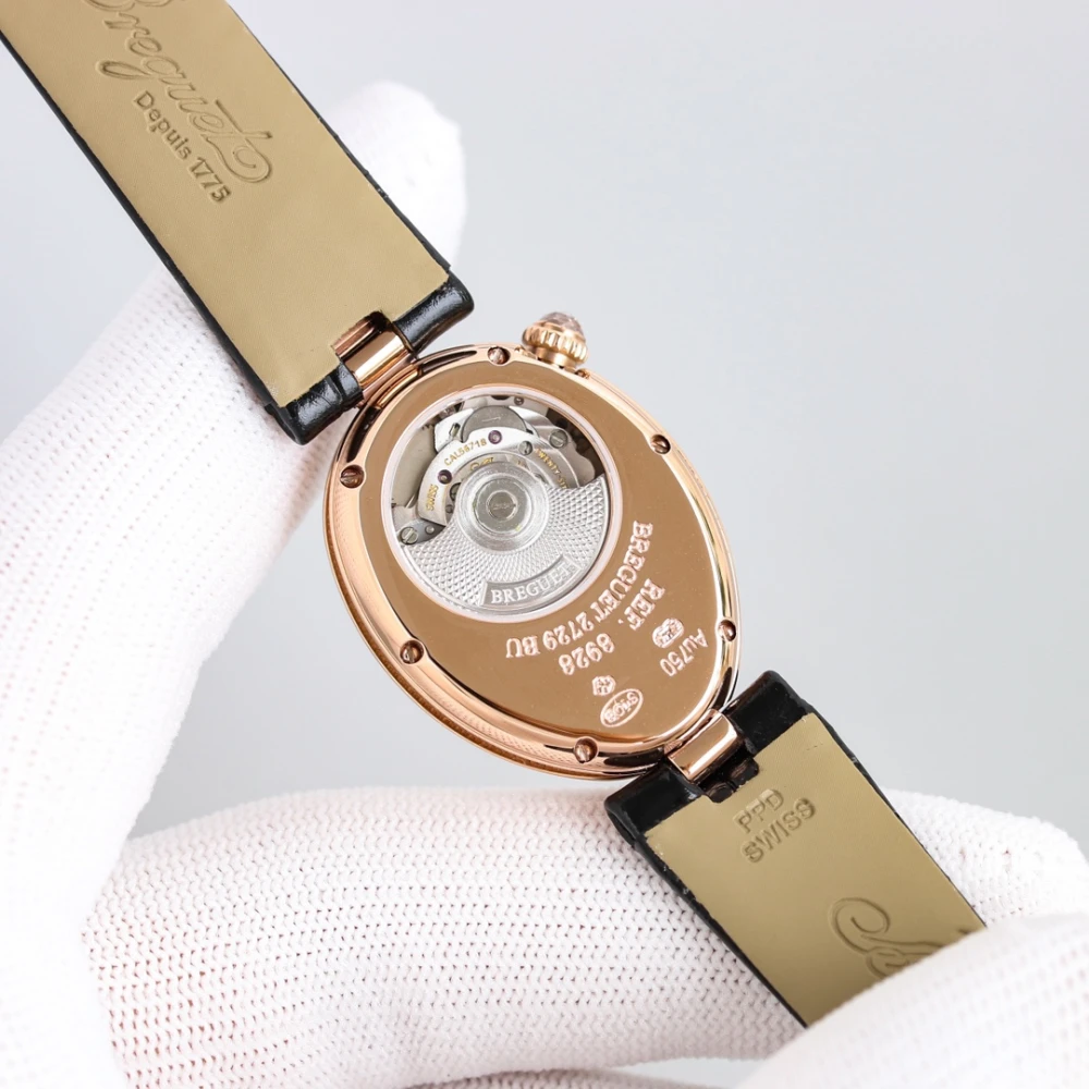 Reine de Naples 8928BR White Dial And Diamonds Bezel on Black Leather Strap GRF 1:1 Best Edition 7 Breguet 8928BR Watch Case Back with Engraved Markings and Automatic Movement