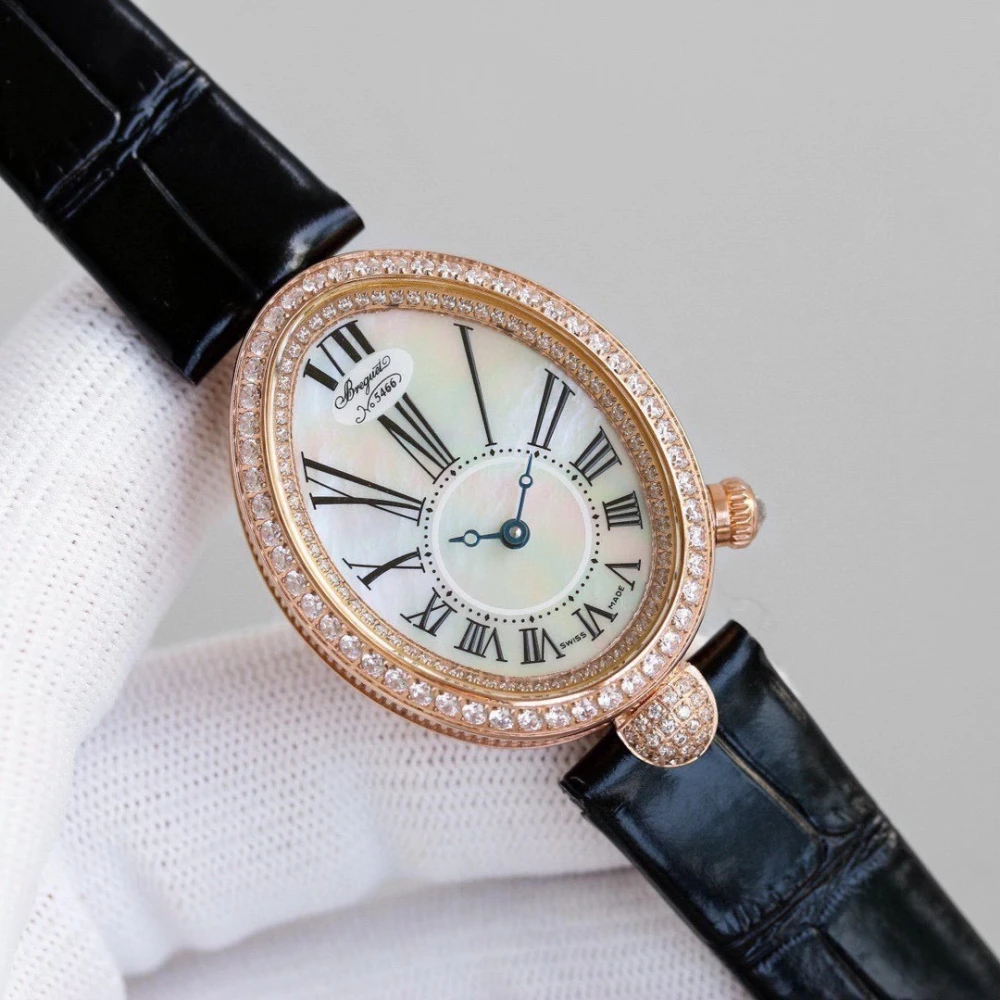 Reine de Naples 8928BR White Dial And Diamonds Bezel on Black Leather Strap GRF 1:1 Best Edition 3 Close up to White dial of Breguet 8928BR Rose Gold Ladies Watch with Black Strap