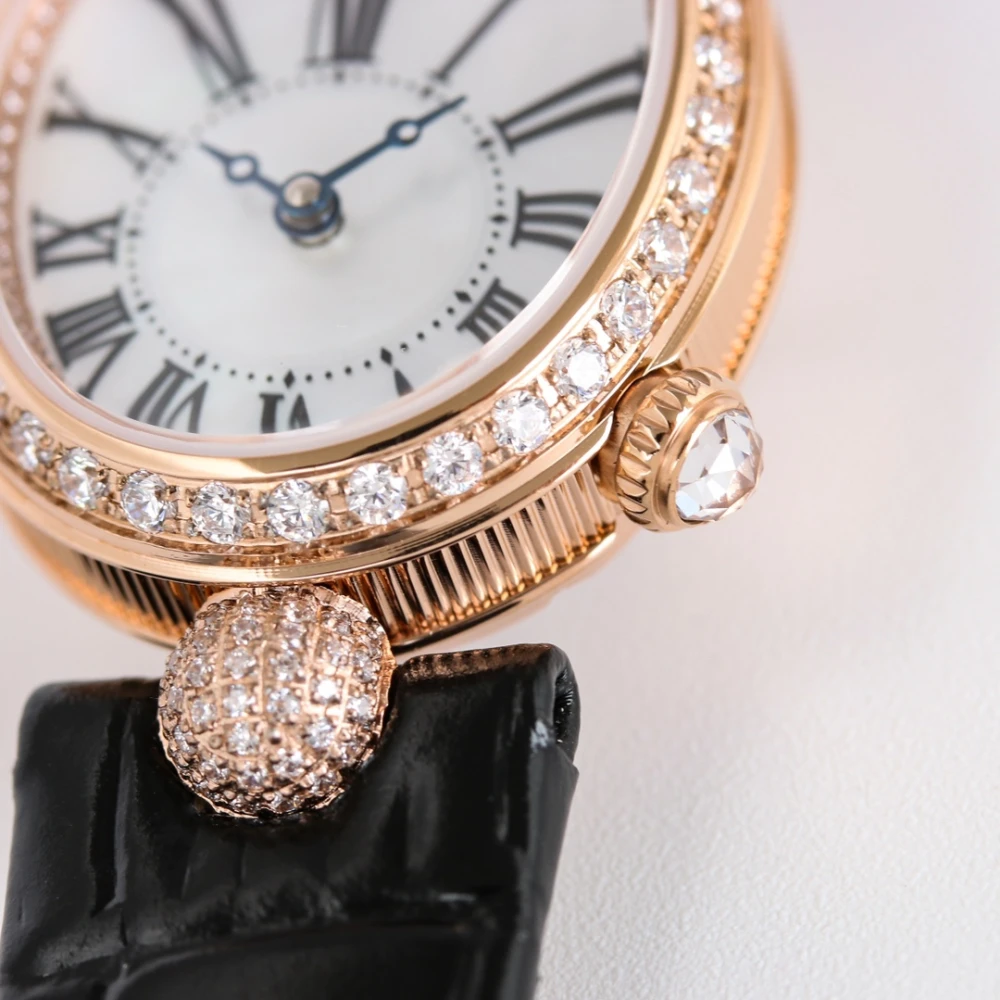 Reine de Naples 8928BR White Dial And Diamonds Bezel on Black Leather Strap GRF 1:1 Best Edition 4 Breguet Reine de Naples Rose Gold Diamond bezel Watch and white Dial with Roman Numerals