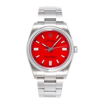 Rolex Oyster Perpetual 124300 Coral Red Dial Side View with Crown | Stainless Steel Case & Bracelet