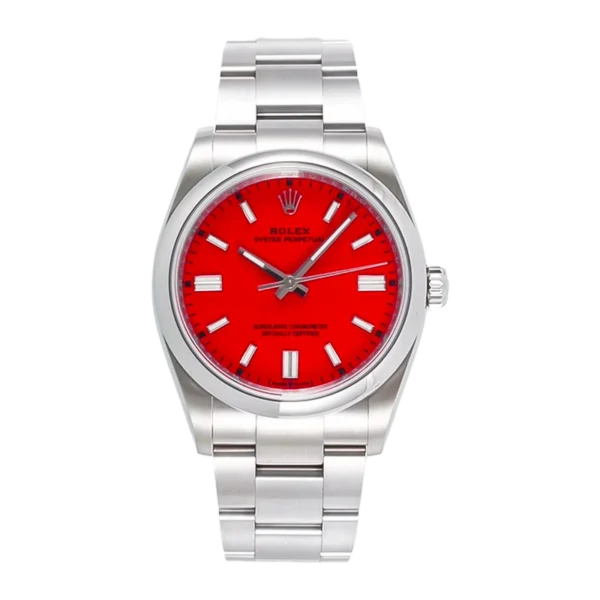 Rolex Oyster Perpetual 124300 Coral Red Dial Side View with Crown | Stainless Steel Case & Bracelet